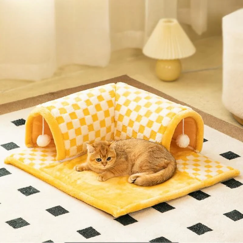 2-in-1 Funny Plush Plaid Checkered Cat Tunnel  Bed - Image 3