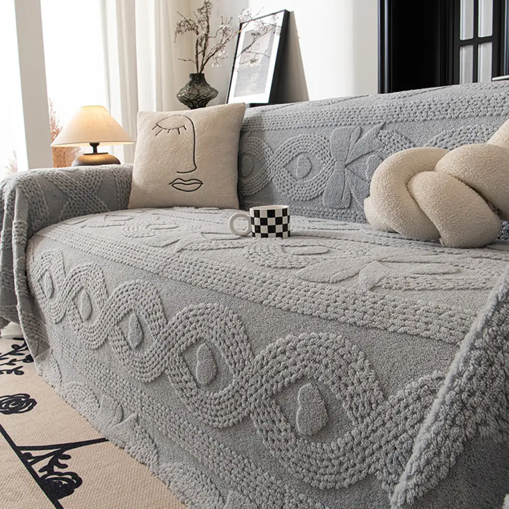 Bowknot Jacquard Plush Multifunctional Sofa Blanket Couch Cover - Image 4