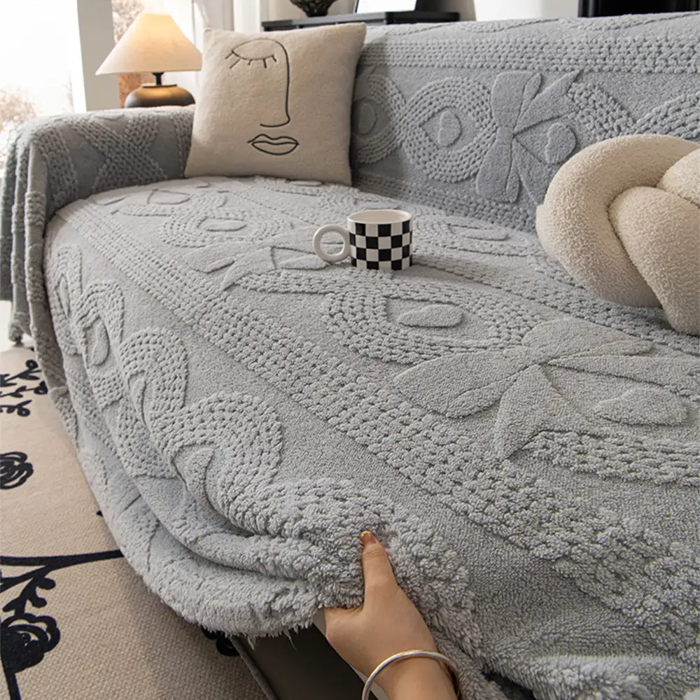 Bowknot Jacquard Plush Multifunctional Sofa Blanket Couch Cover - Image 5