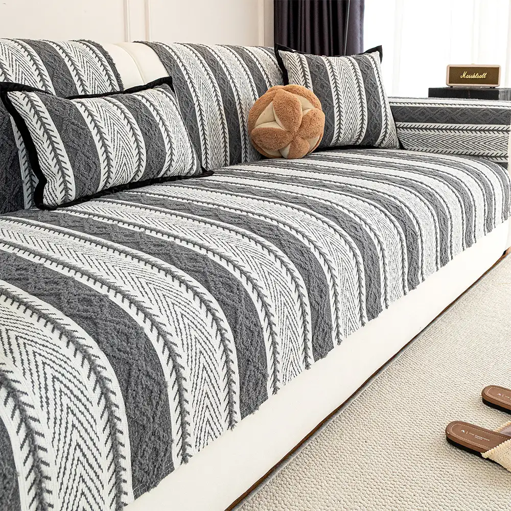 Color-Blocked Striped Chenille Non-Slip Couch Cover - Suitable For All Seasons - Image 10