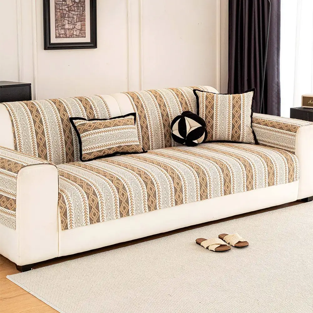 Color-Blocked Striped Chenille Non-Slip Couch Cover - Suitable For All Seasons - Image 6