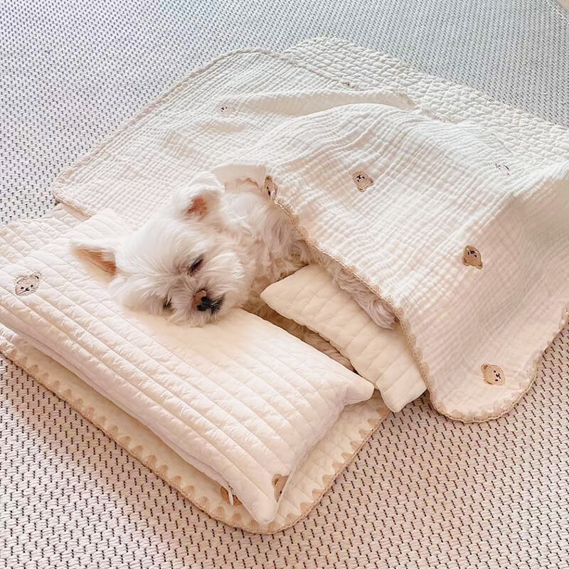 Cosy Embroidered Cotton Pet Pillow Quilt Bed Set - Image 4