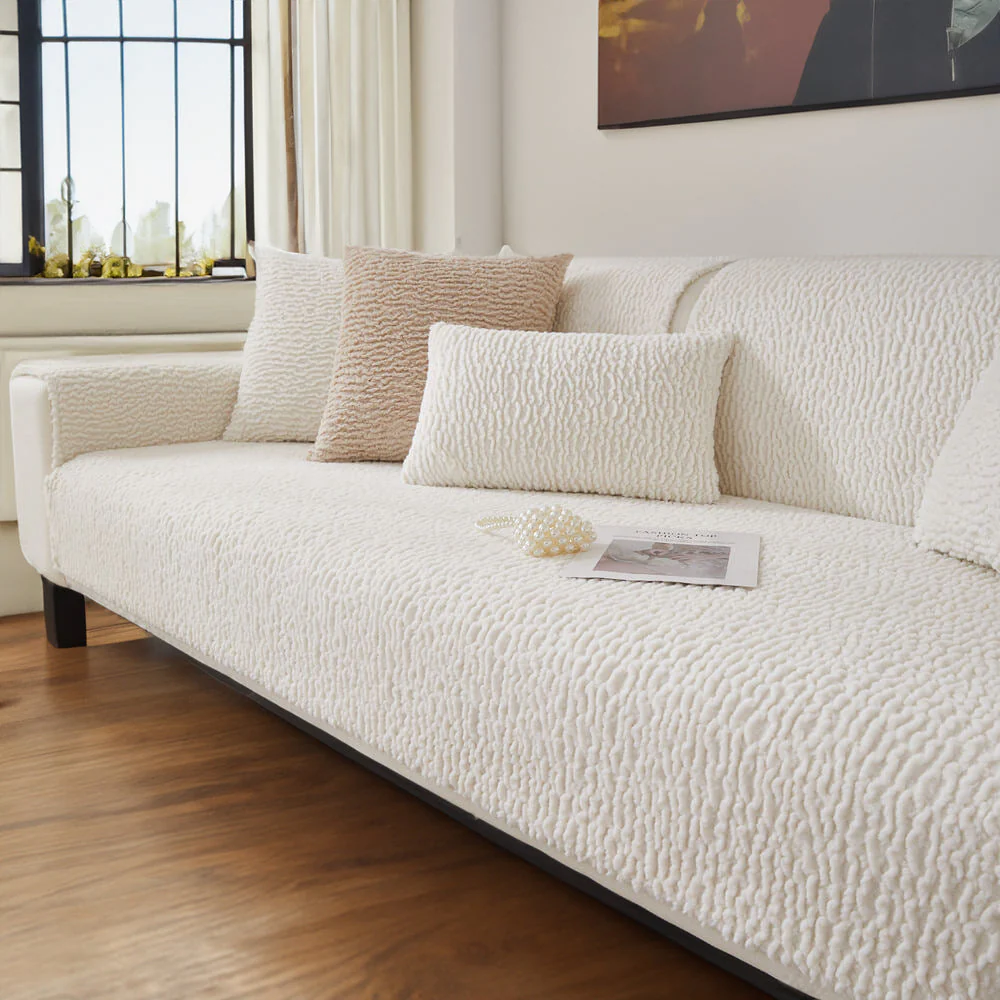 Cream Colour Berber Fleece Anti-Scratch Couch Cover - Image 15