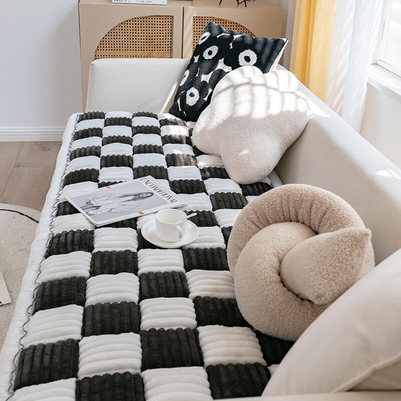 Cream-coloured Large Plaid Square Pet Carpet Bed Couch Cover - Image 10