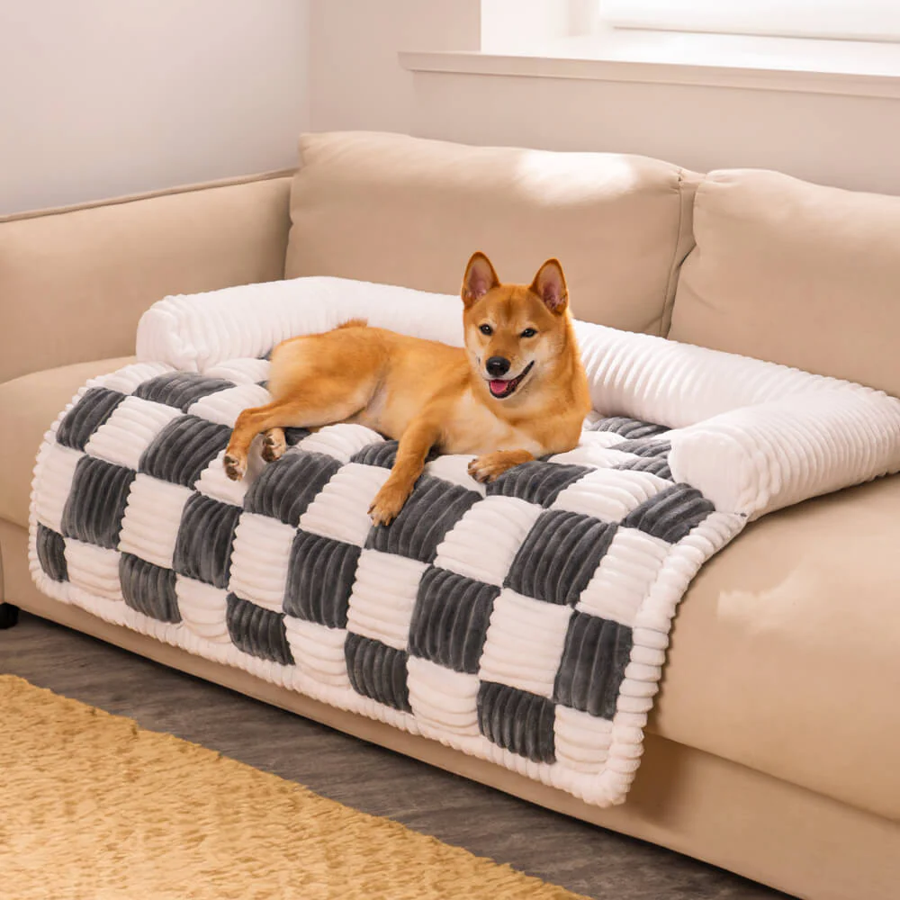 Cream Square Plaid Cosy Dog Mat Furniture Protector Cover - Image 10
