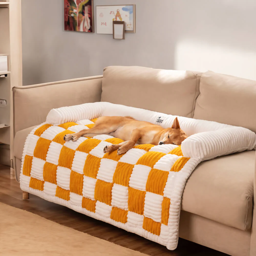 Cream Square Plaid Cosy Dog Mat Furniture Protector Cover - Image 13