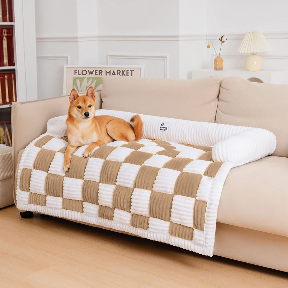 Cream Square Plaid Cosy Dog Mat Furniture Protector Cover - Image 18