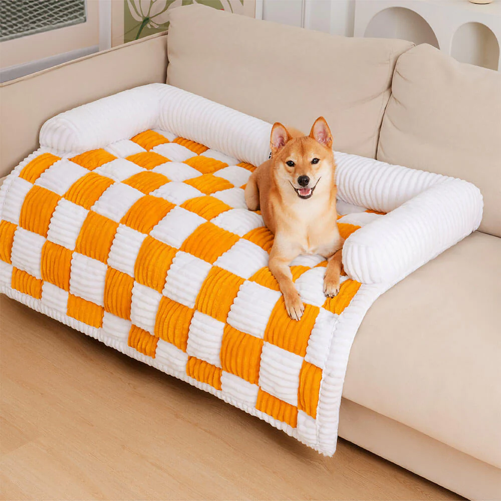 Cream Square Plaid Cosy Dog Mat Furniture Protector Cover - Image 3