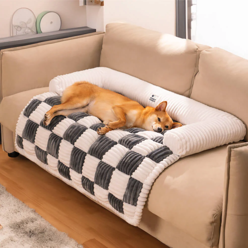 Cream Square Plaid Cosy Dog Mat Furniture Protector Cover - Image 9