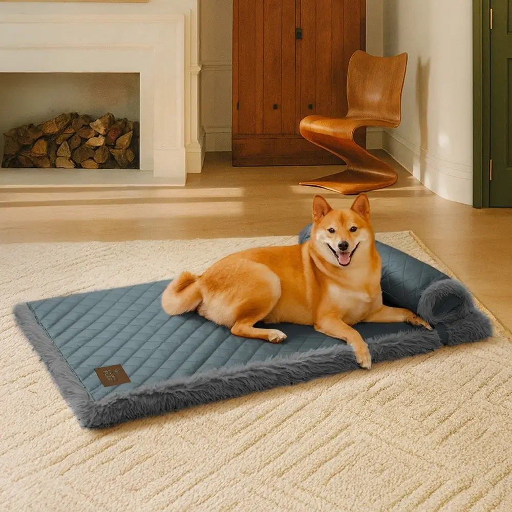 Dual-Sided Faux Leather＆Warm Plush Removable Sponge Dog Mat With Pillow - Image 14