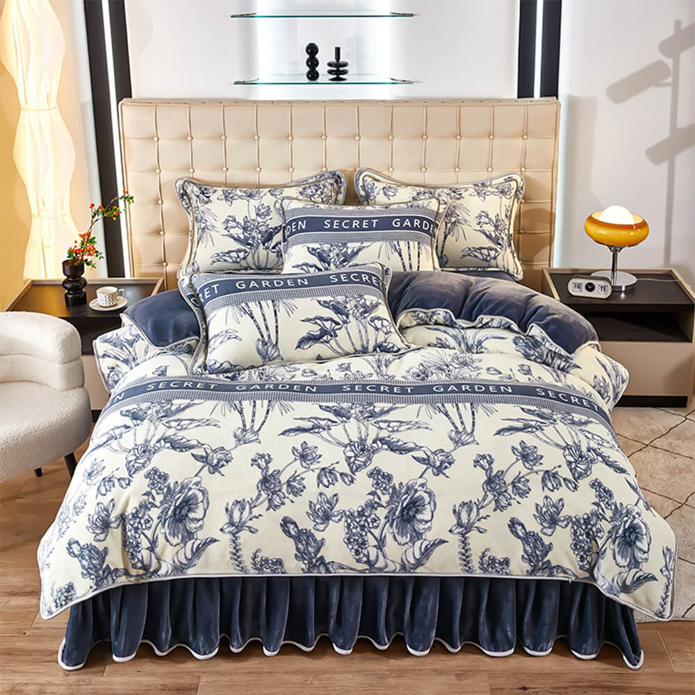 Elegant Botanical Pattern Milk Velvet Bed Sheet Set - Image 22