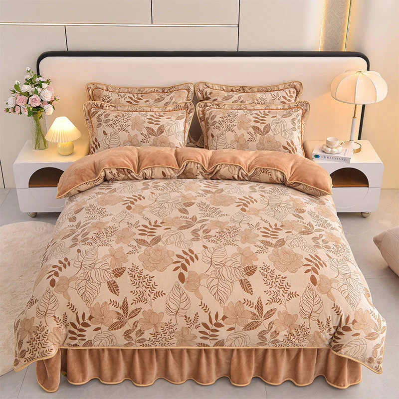 Elegant Botanical Pattern Milk Velvet Bed Sheet Set - Image 23