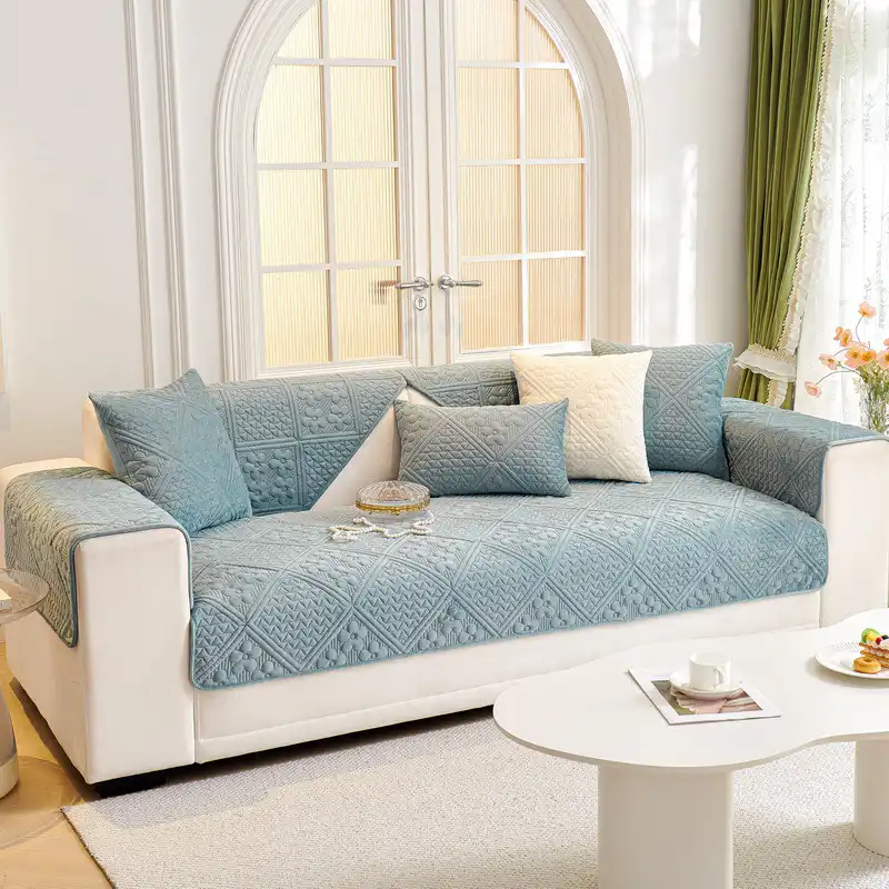 Embossed Geometric Pattern Soft Plush Quilted Non-Slip Couch Cover - Image 10