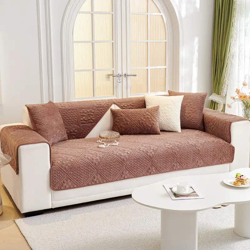 Embossed Geometric Pattern Soft Plush Quilted Non-Slip Couch Cover - Image 11