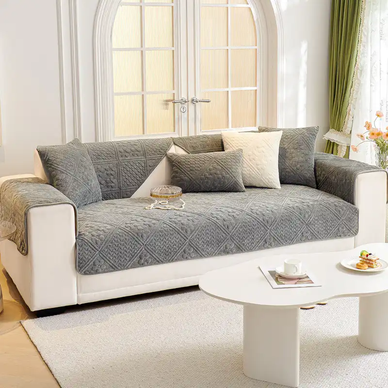 Embossed Geometric Pattern Soft Plush Quilted Non-Slip Couch Cover - Image 12