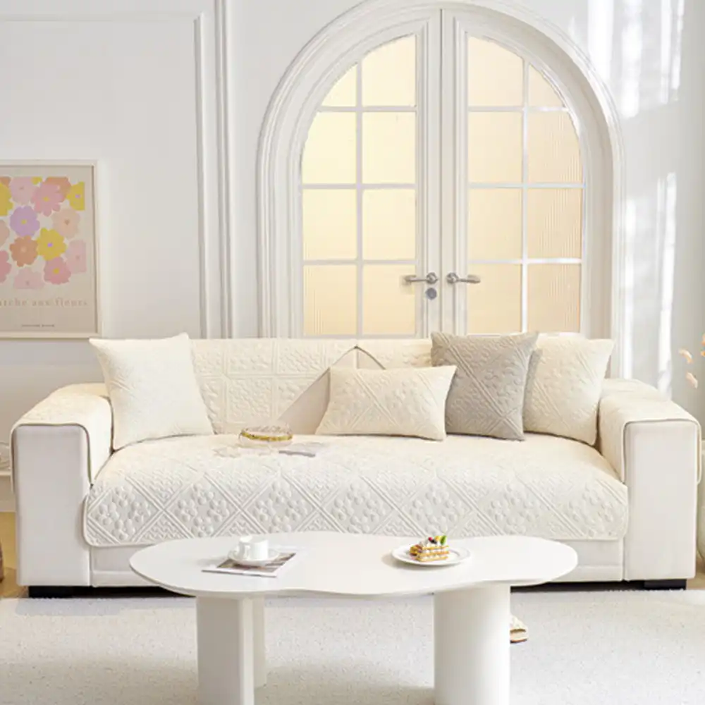 Embossed Geometric Pattern Soft Plush Quilted Non-Slip Couch Cover - Image 5