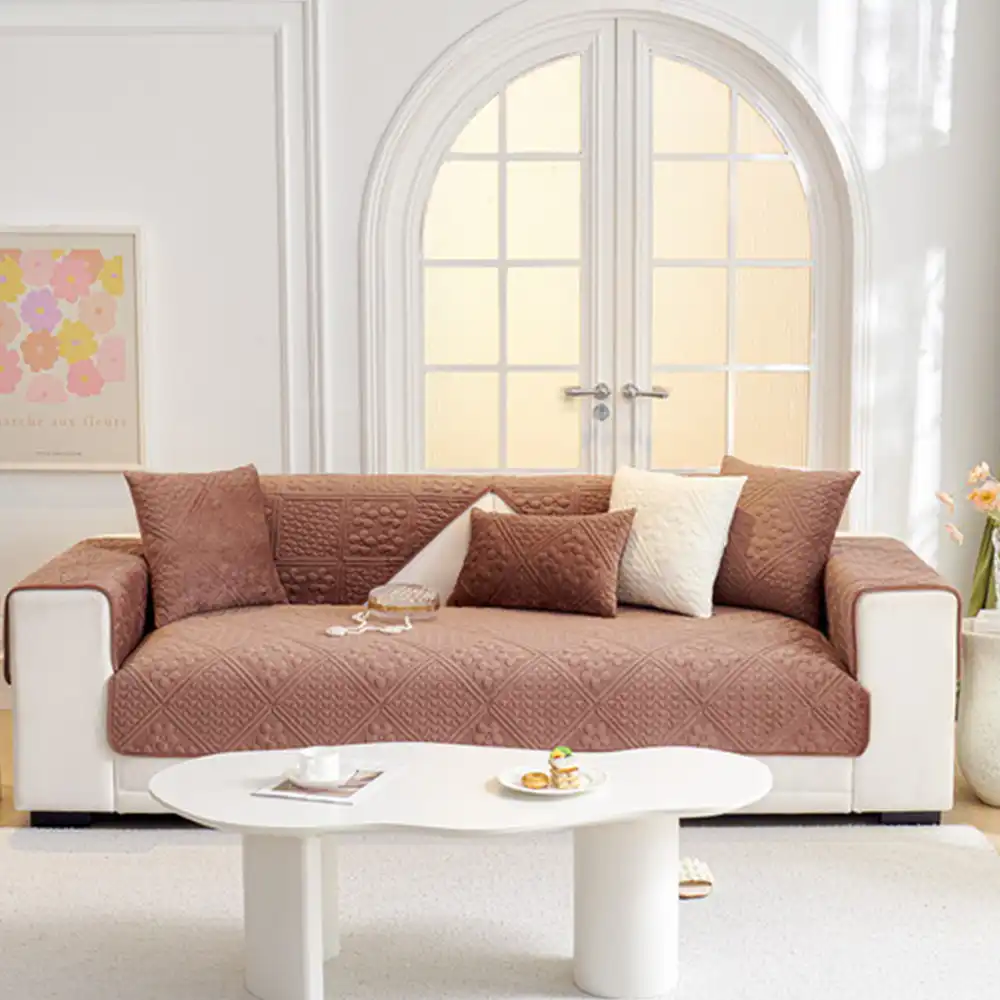 Embossed Geometric Pattern Soft Plush Quilted Non-Slip Couch Cover - Image 6
