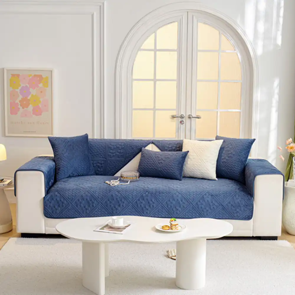 Embossed Geometric Pattern Soft Plush Quilted Non-Slip Couch Cover - Image 7
