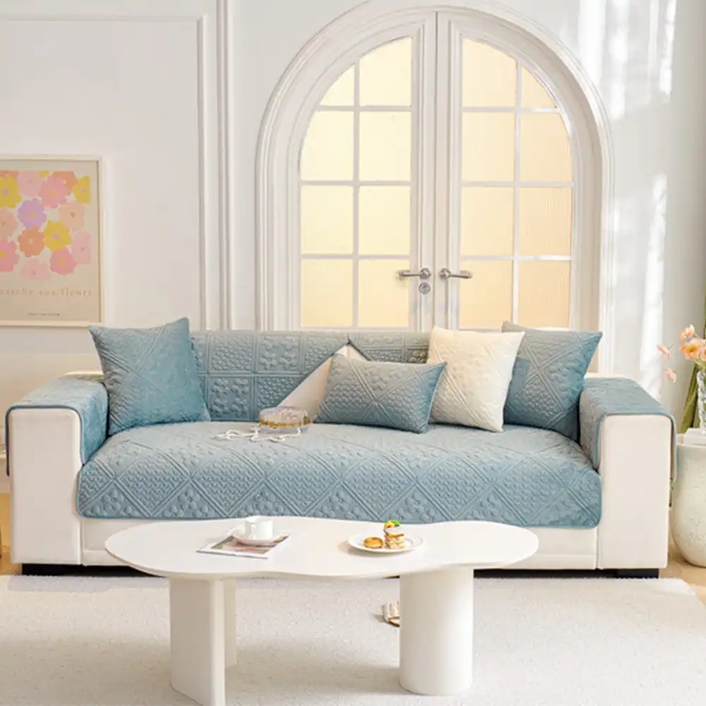 Embossed Geometric Pattern Soft Plush Quilted Non-Slip Couch Cover - Image 8