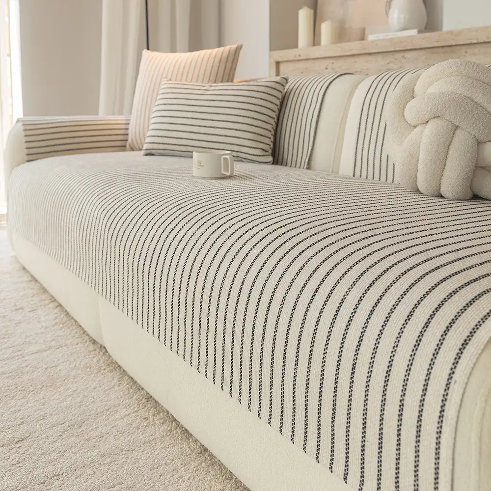 Faux Cotton-Linen Chenille Striped Breathable Scratch-Resistant Couch Cover - Image 2