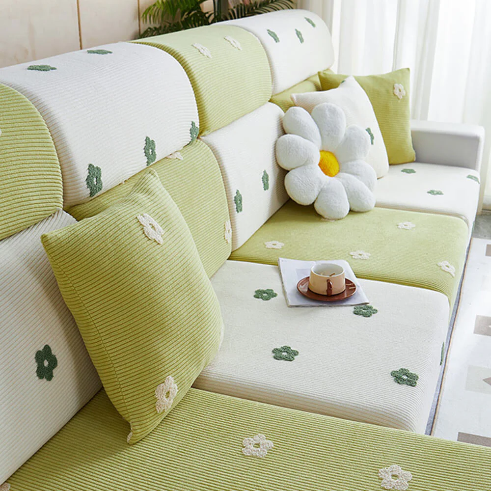 Floral Embroidered Fleece Sofa Anti-Scratch Stretch Couch Cover - Image 7