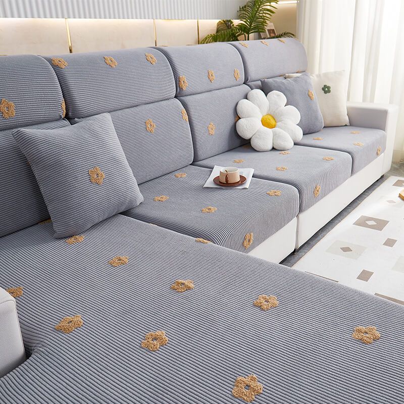 Floral Embroidered Fleece Sofa Anti-Scratch Stretch Couch Cover - Image 9