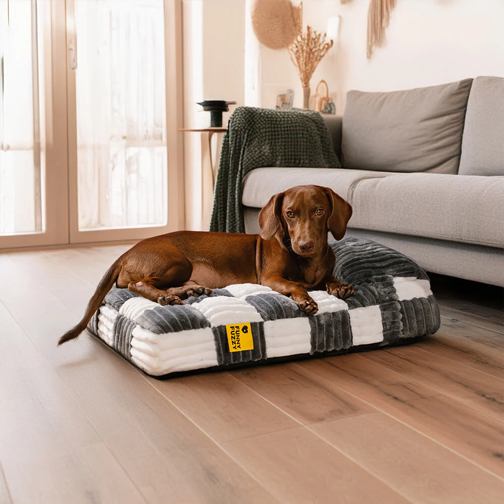 Handmade Plush Chequerboard Orthopaedic Support Dog Bed with Pillow - Image 11