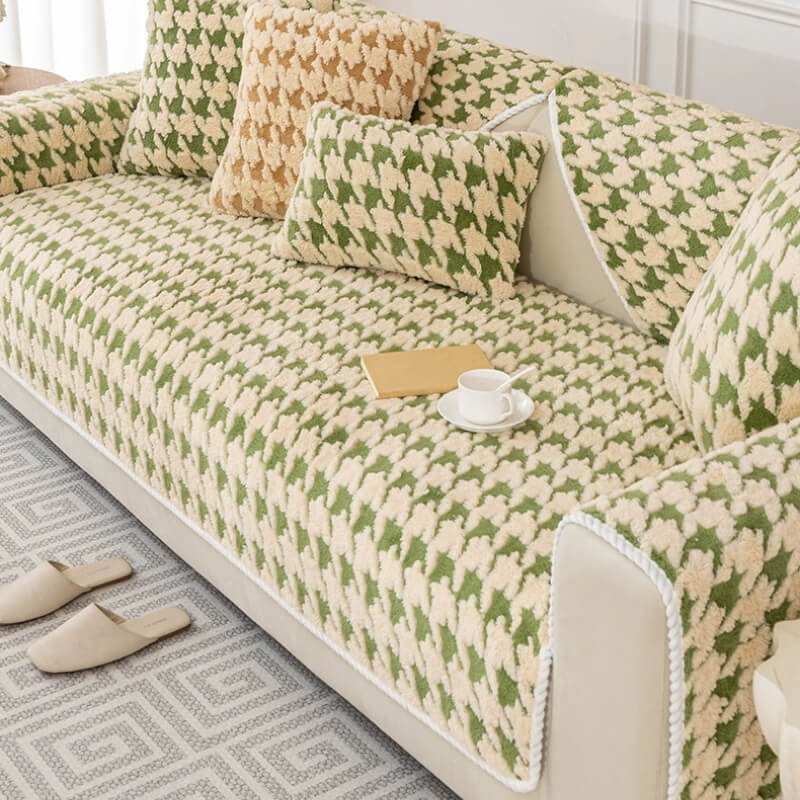 Houndstooth Plush Mat Furniture Protection Anti-Slip Couch Cover - Image 4