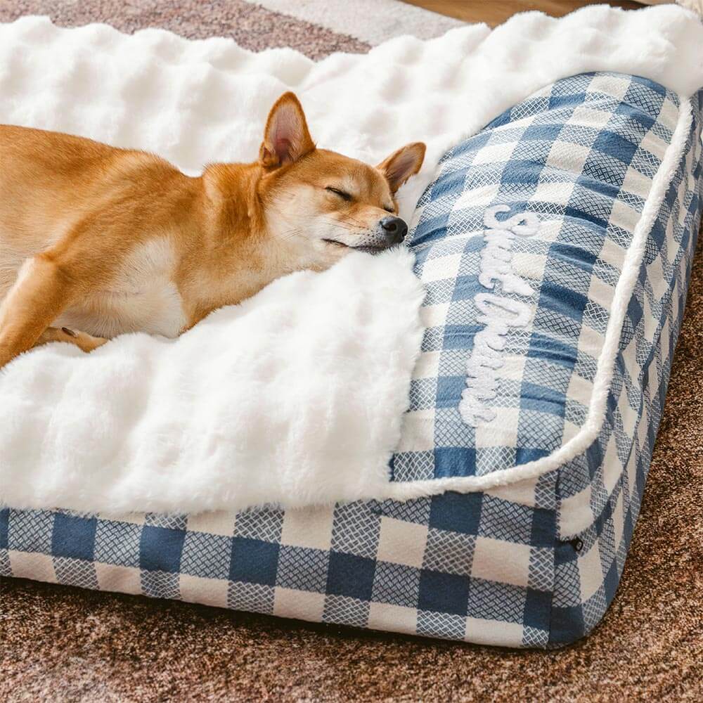 Large Classic Check Headrest Rectangle Calming Dog Bed - Dreamy wave - Image 4