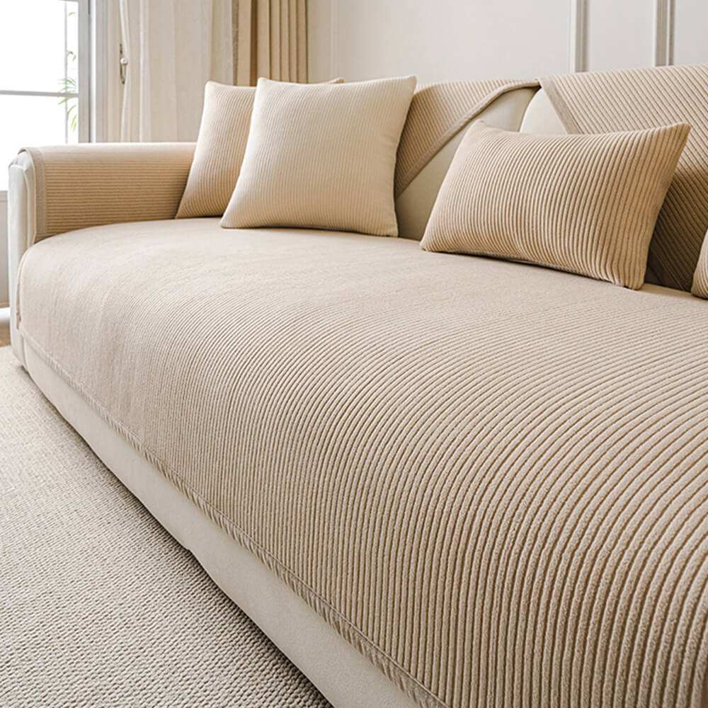 Modern Cream Vertical Stripes Fleece Couch Cover for All Seasons - Image 11