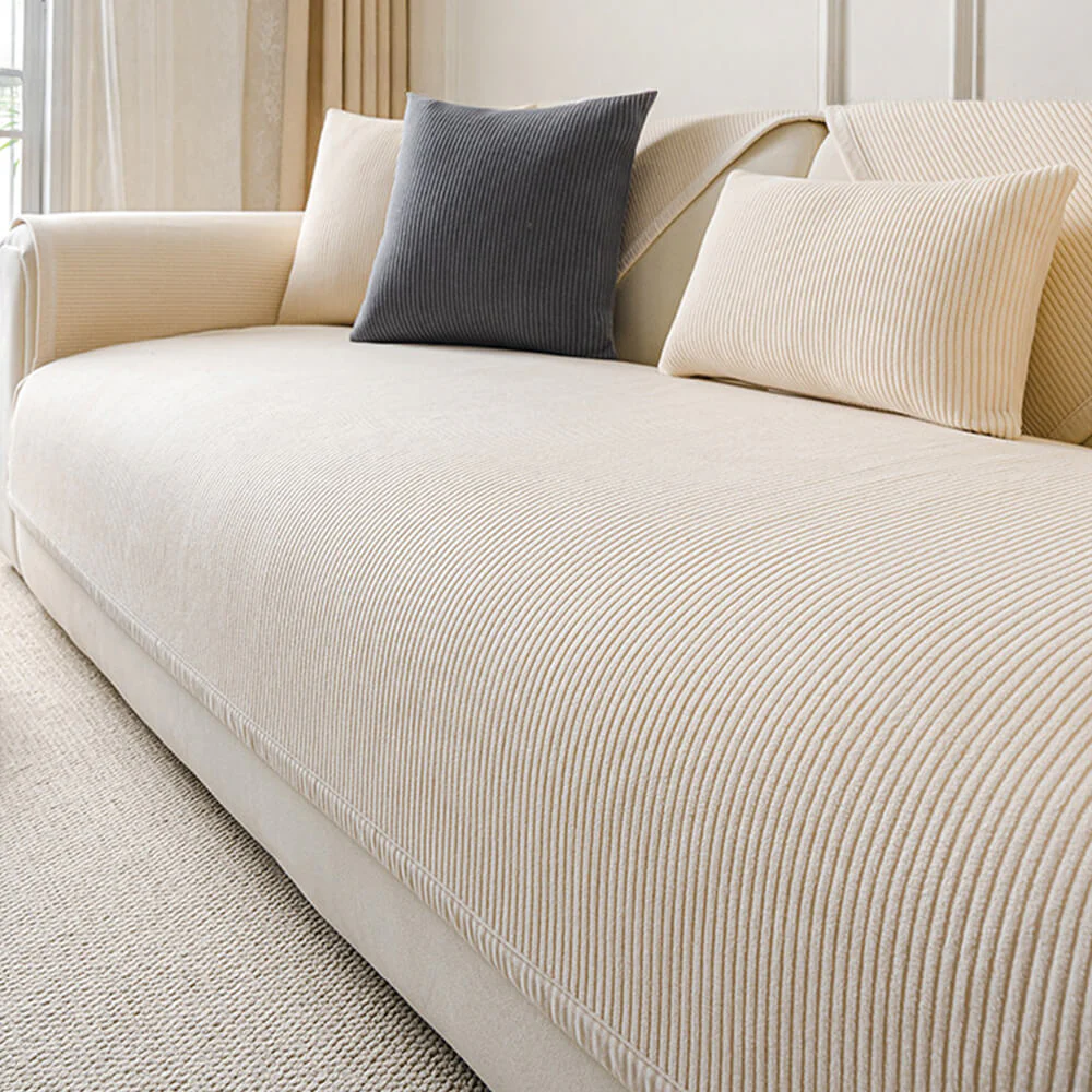 Modern Cream Vertical Stripes Fleece Couch Cover for All Seasons - Image 13