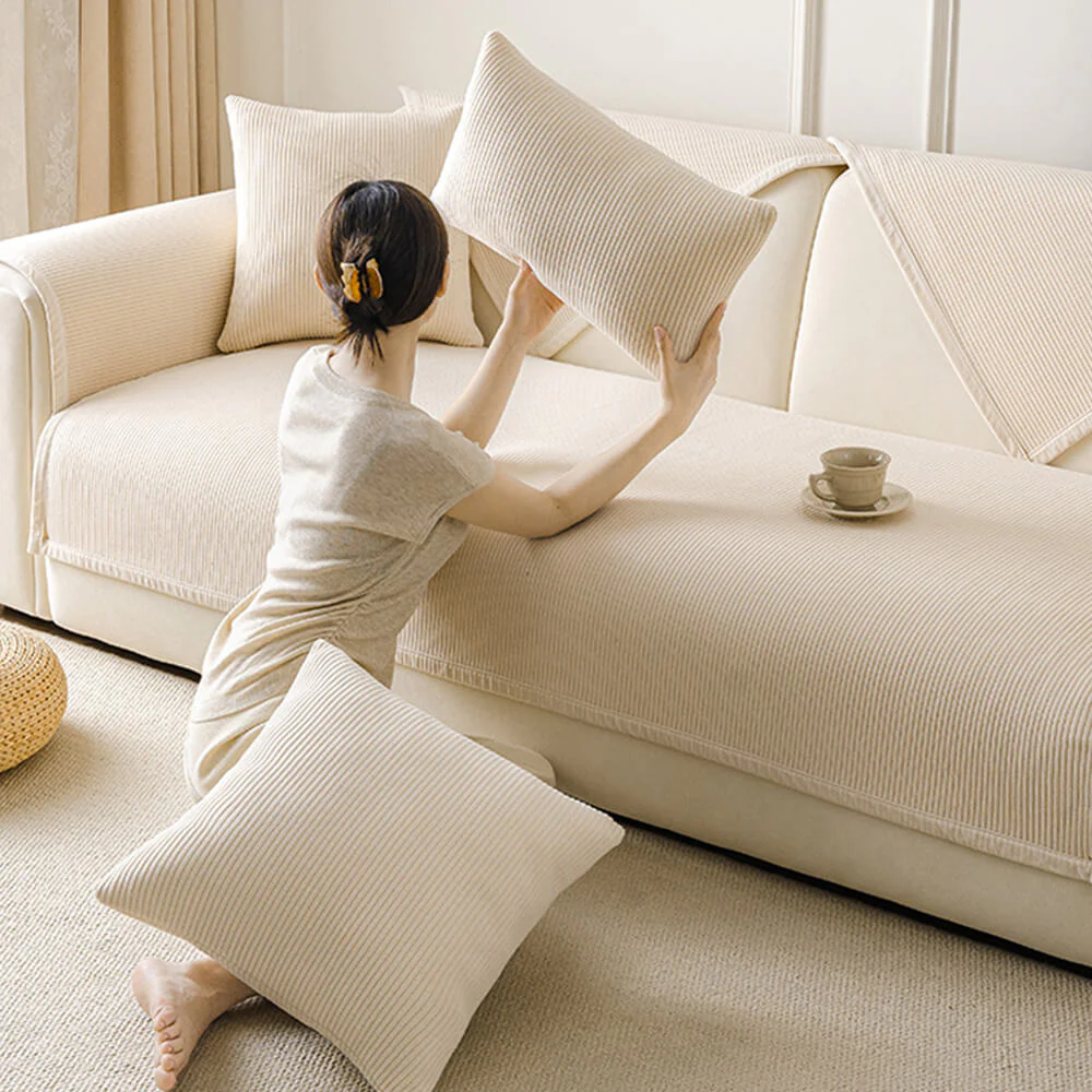 Modern Cream Vertical Stripes Fleece Couch Cover for All Seasons - Image 6