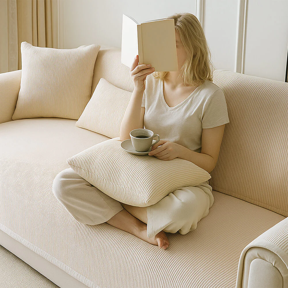 Modern Cream Vertical Stripes Fleece Couch Cover for All Seasons - Image 8