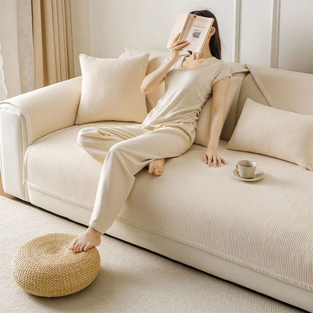 Modern Cream Vertical Stripes Fleece Couch Cover for All Seasons - Image 9