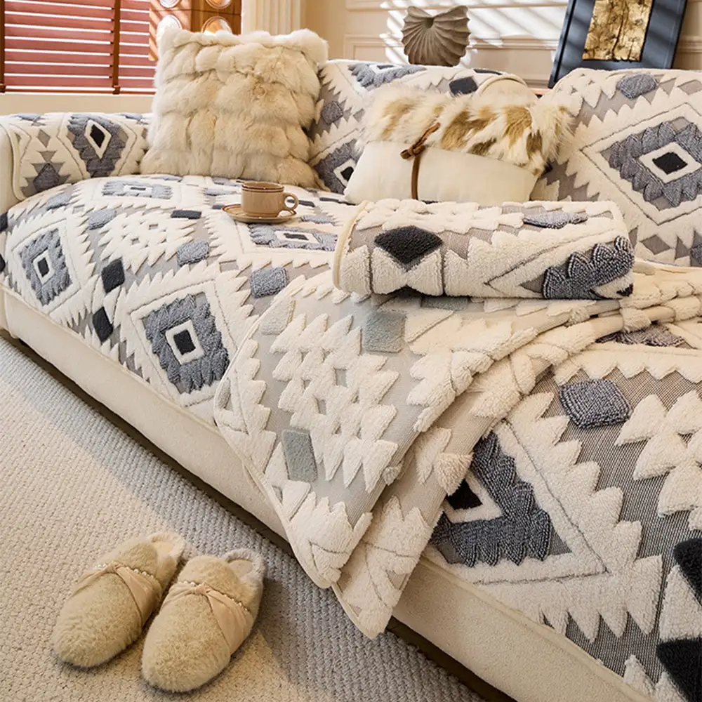 Modern Geometric Thick Plush Anti-Scratch Non-Slip Couch Cover - Image 4
