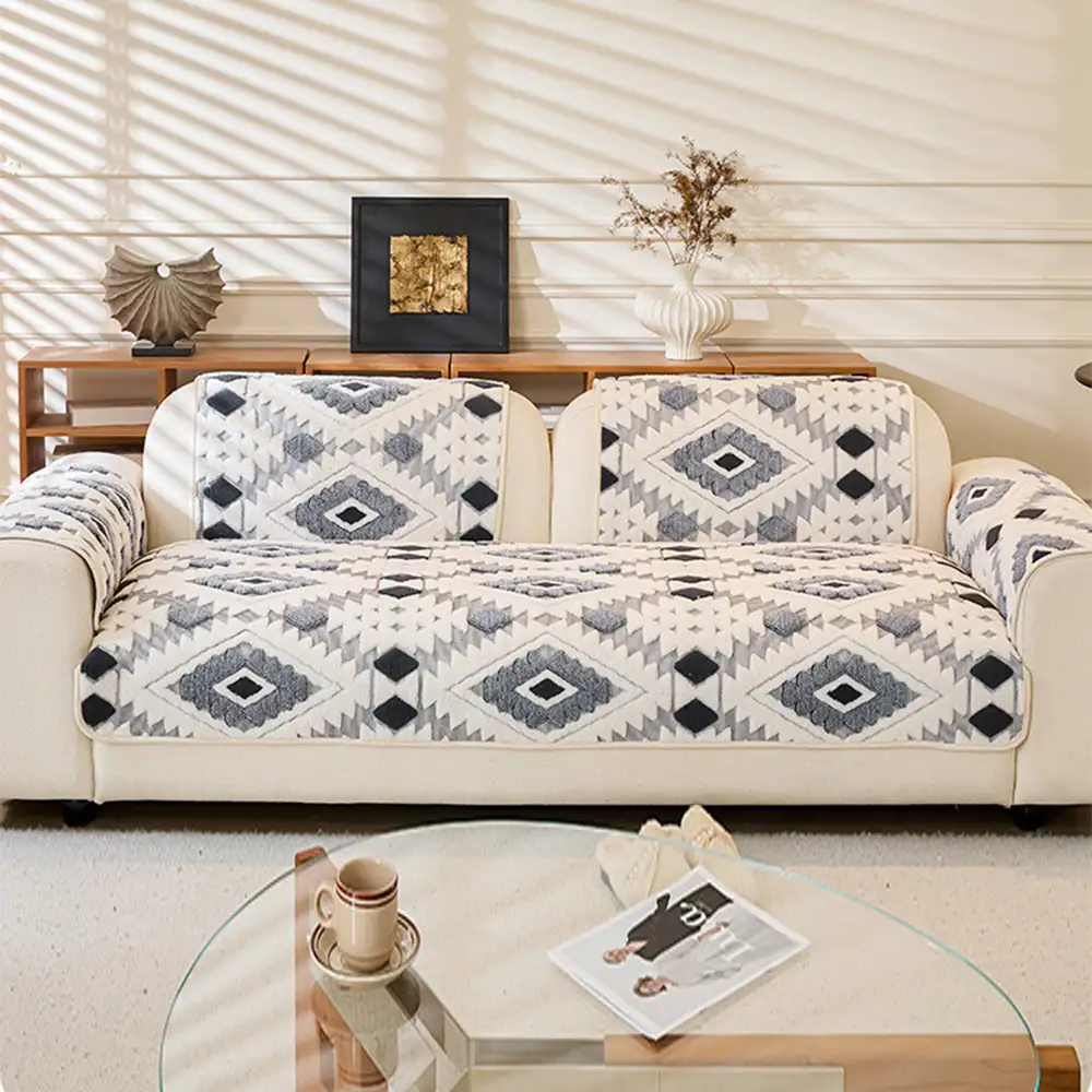 Modern Geometric Thick Plush Anti-Scratch Non-Slip Couch Cover - Image 9