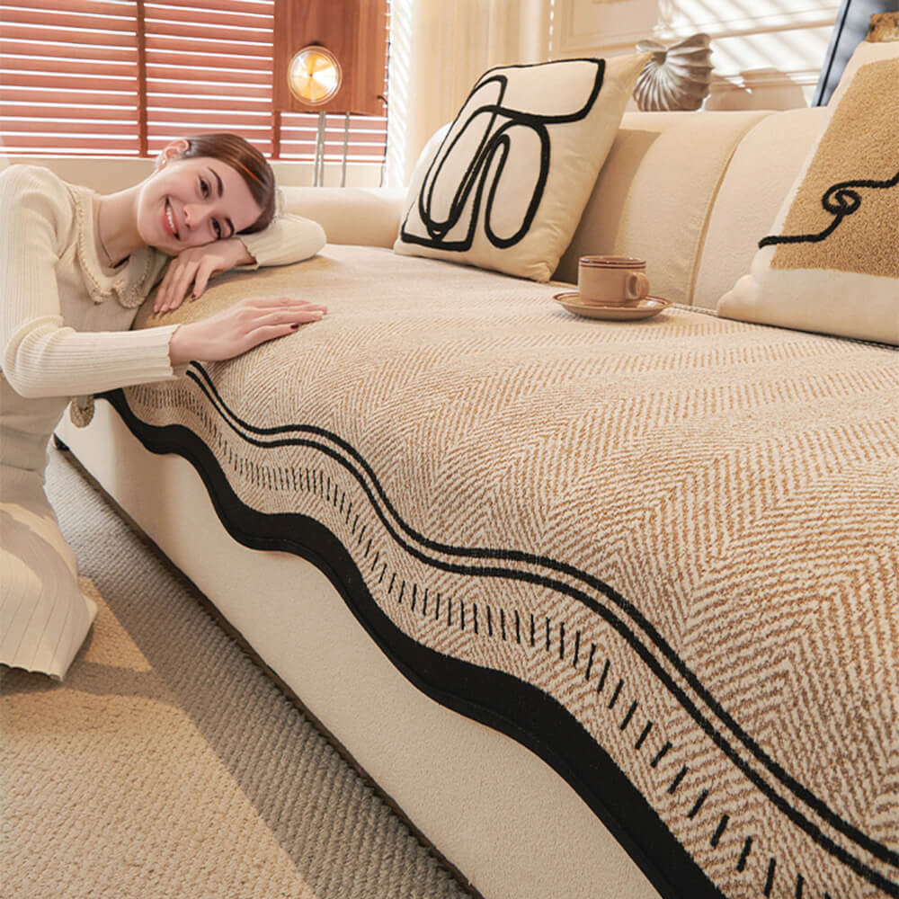 Non-Slip Herringbone Chenille Couch Cover with Wavy Edges - Image 6