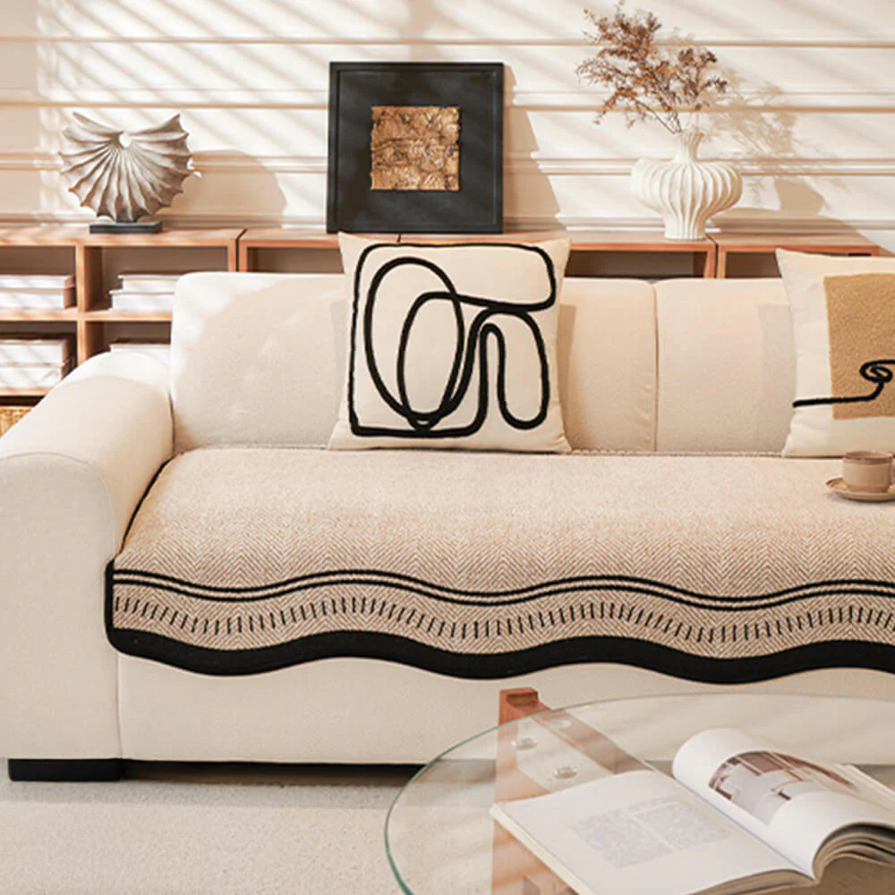 Non-Slip Herringbone Chenille Couch Cover with Wavy Edges - Image 9