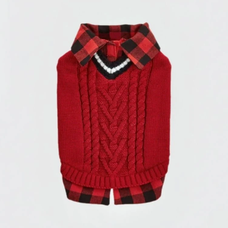 Perfect for Fall Winter Plaid Collar Cable Knit Dog Jumper Vest - Image 15
