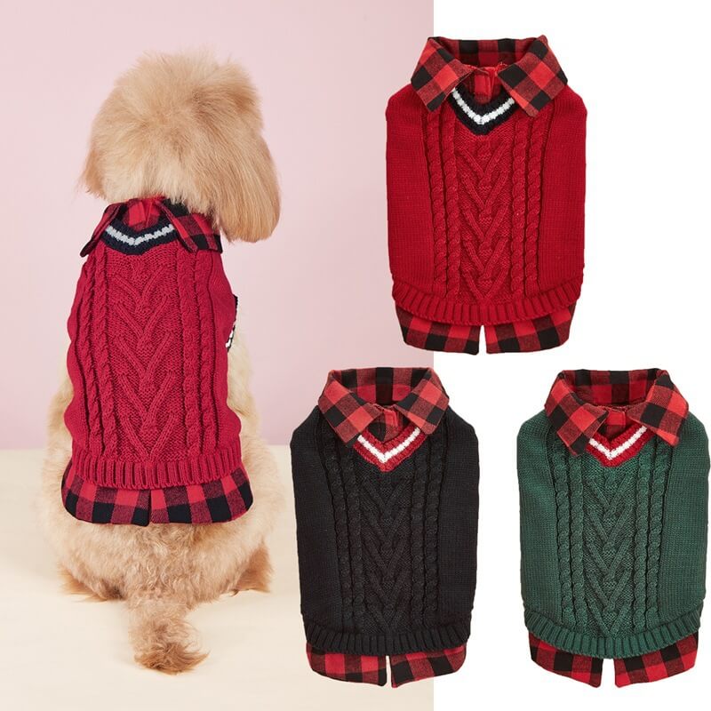 Perfect for Fall Winter Plaid Collar Cable Knit Dog Jumper Vest - Image 4