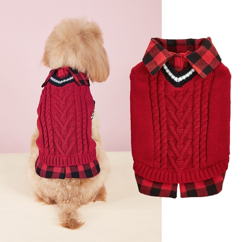 Perfect for Fall Winter Plaid Collar Cable Knit Dog Jumper Vest - Image 6