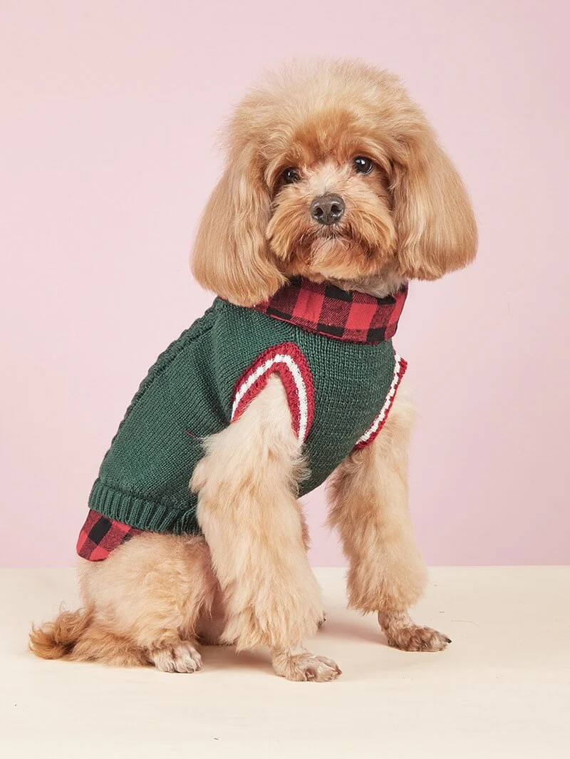 Perfect for Fall Winter Plaid Collar Cable Knit Dog Jumper Vest - Image 8