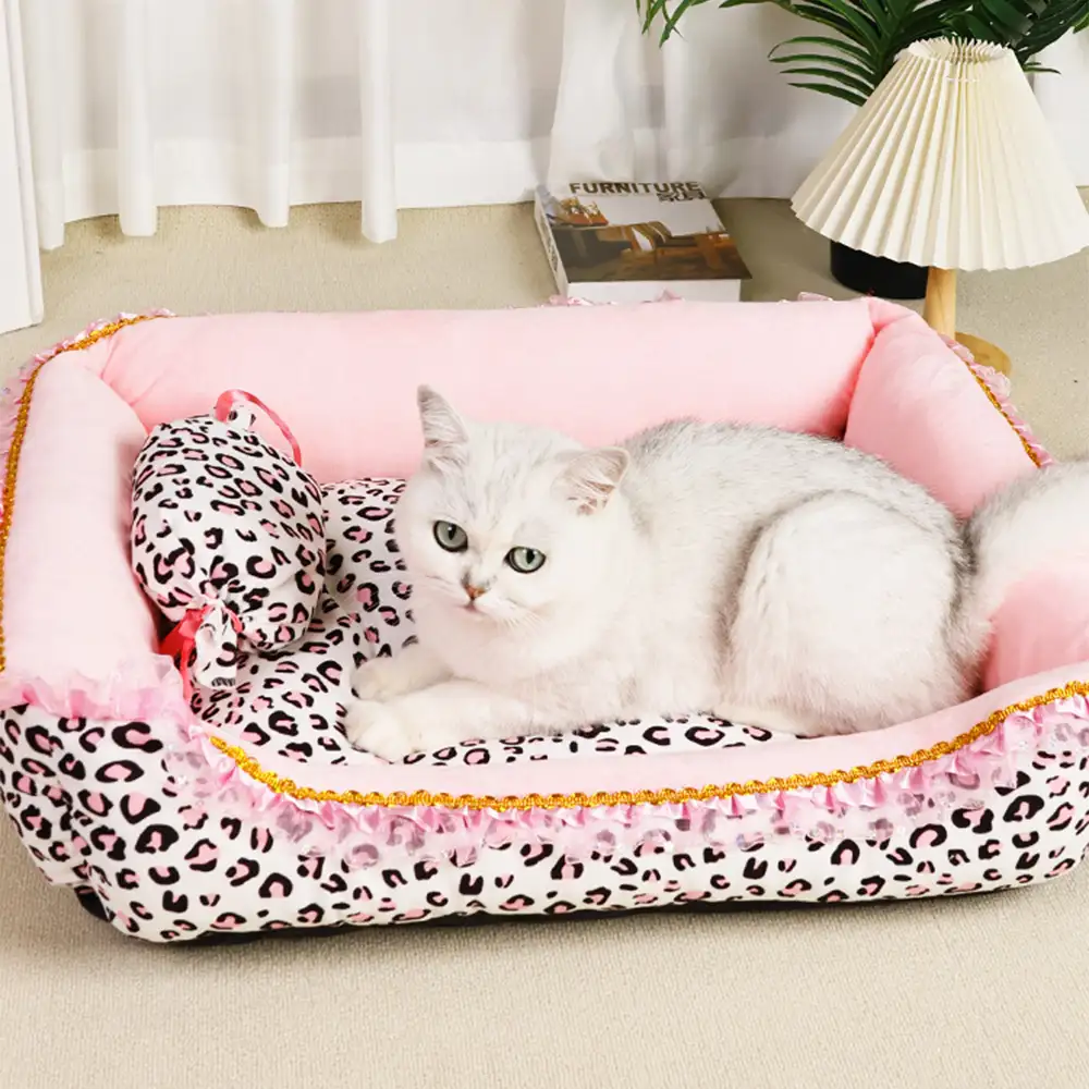 Pink Leopard Print Removable And Washable All-Season Princess Pet Bed - Image 6