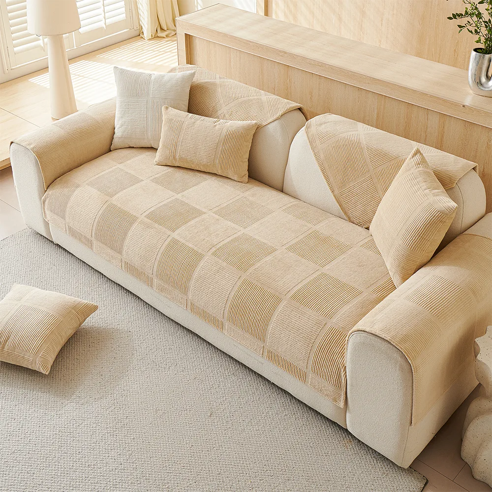 Plush Cream Geometric All Seasons Non-Slip Couch Cover - Image 10