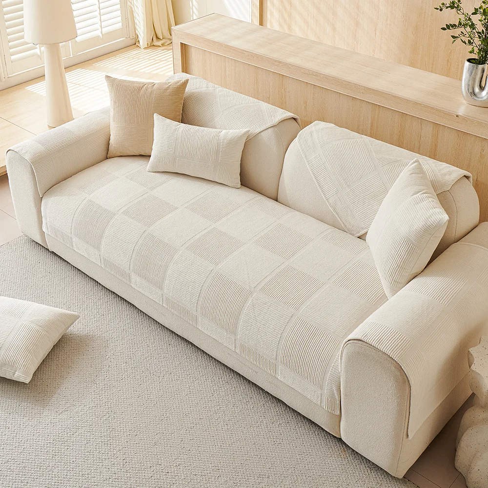 Plush Cream Geometric All Seasons Non-Slip Couch Cover - Image 11