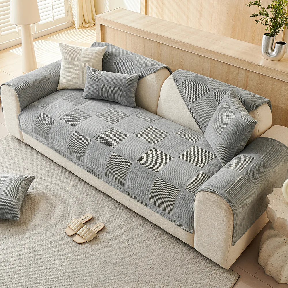 Plush Cream Geometric All Seasons Non-Slip Couch Cover - Image 6