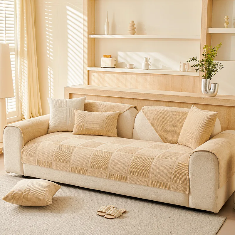 Plush Cream Geometric All Seasons Non-Slip Couch Cover - Image 8