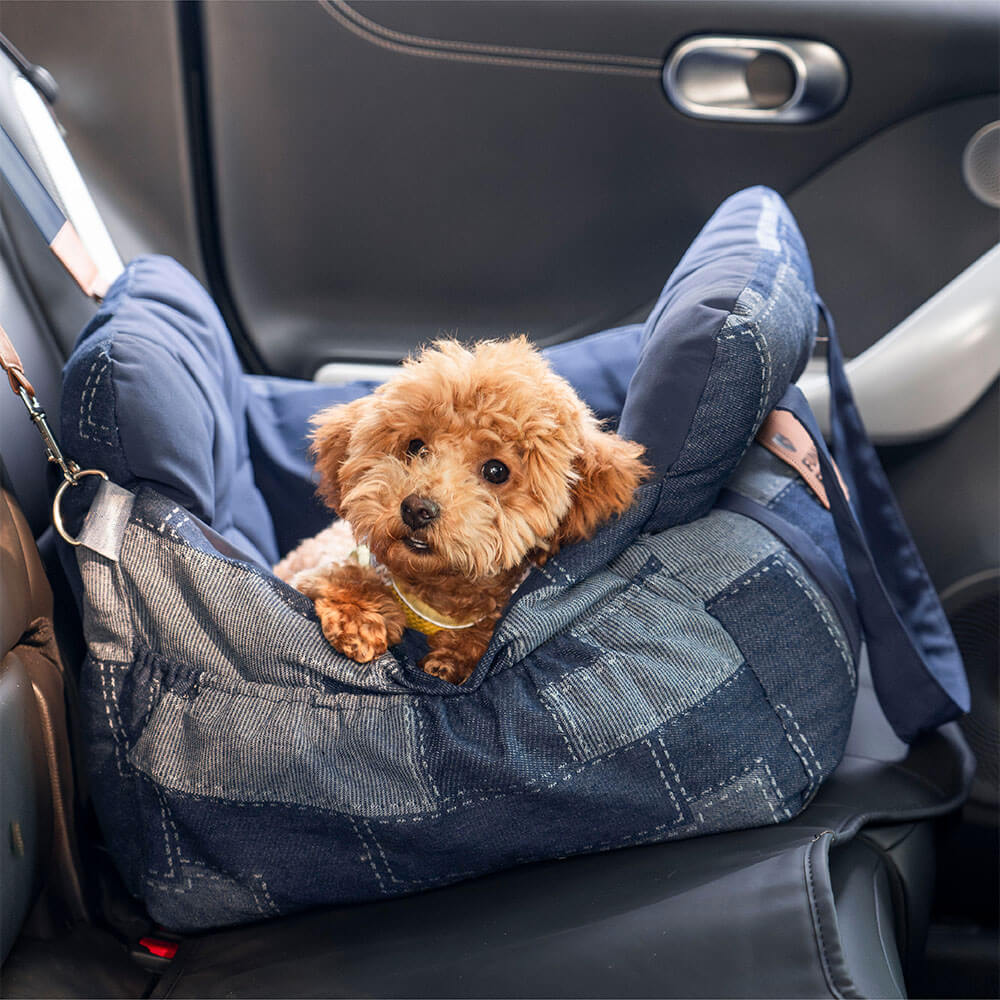 Travel Safety Bolster Vintage Denim Patchwork Dog Car Seat Bed - Image 4