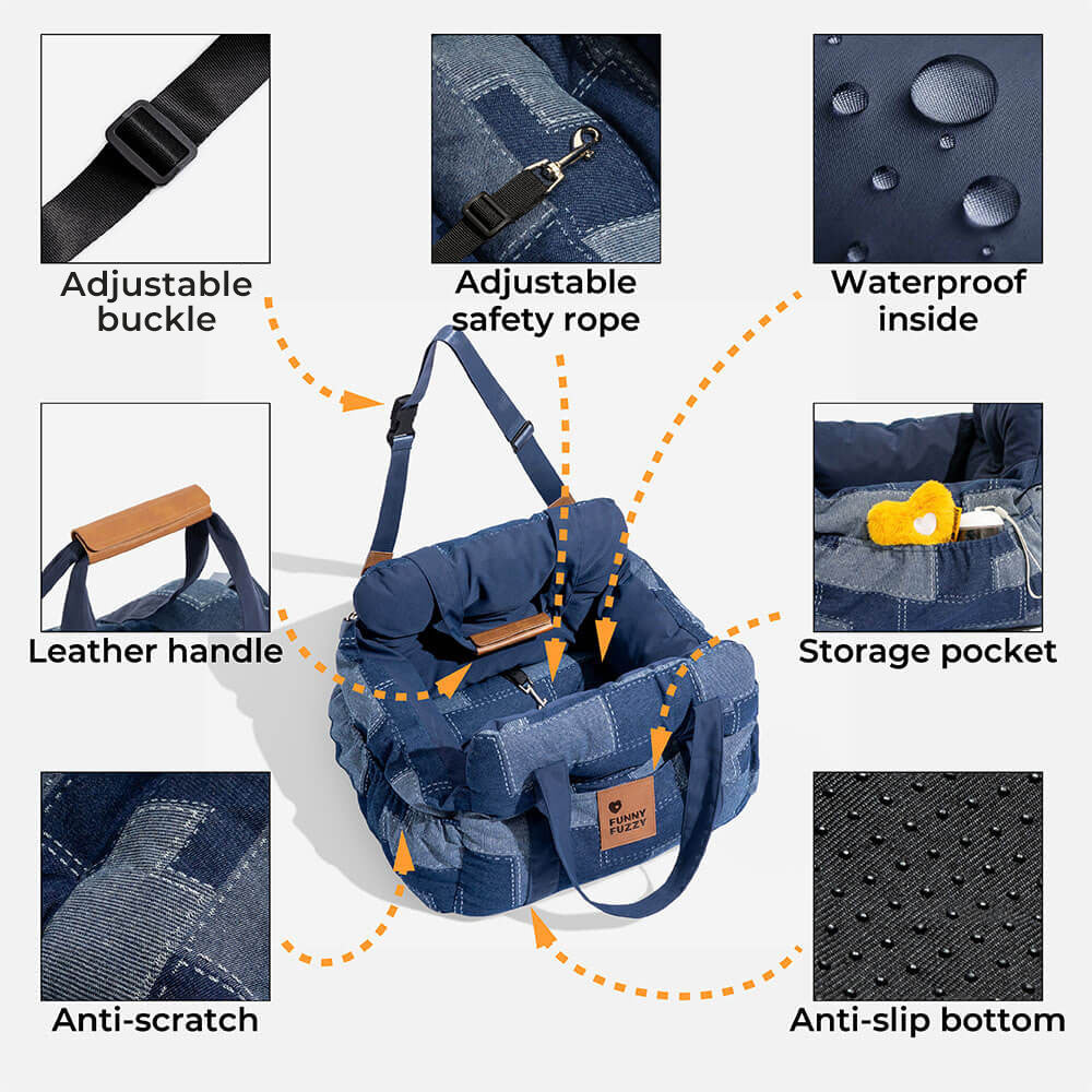 Travel Safety Bolster Vintage Denim Patchwork Dog Car Seat Bed - Image 6
