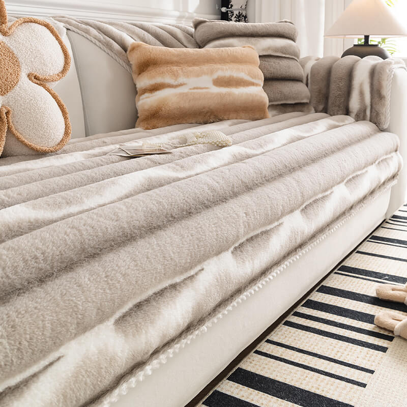 Trendy Beautiful Gradient Colour Stripe Plush Couch Cover - Image 3
